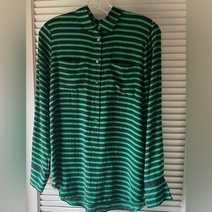 J Crew 100% silk blouse Navy & Green Stripe